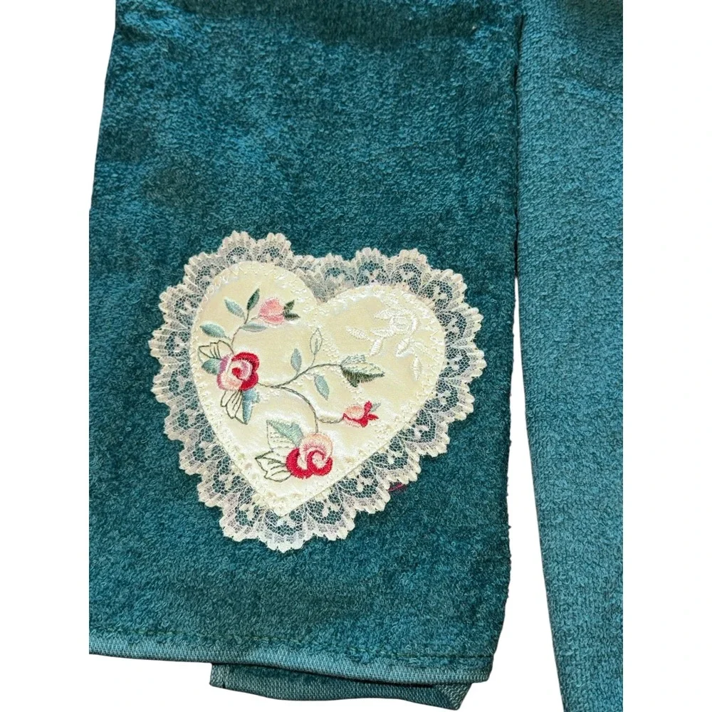 Vintage Cannon Cotton Bath Towel Set Green Heart Lace Appliqué 4 Pc Cottage USA